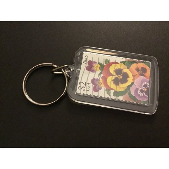 Pansy Postage Stamp Keychain Recycled Vintage USA Gift - Picture 2 of 8